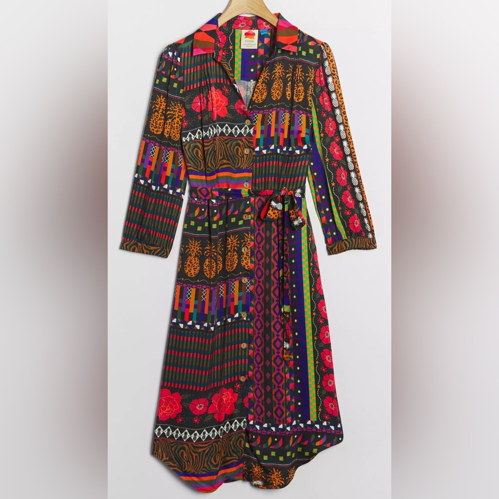 Anthropology FARM Rio Red and Blue Tiered Tie Front Sundress